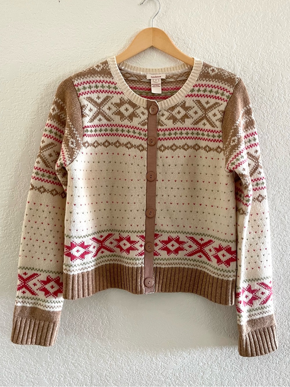 Sundance 100% Wool Fair Isle Button-Front Cardigan Size M - Nordic Folk Knit